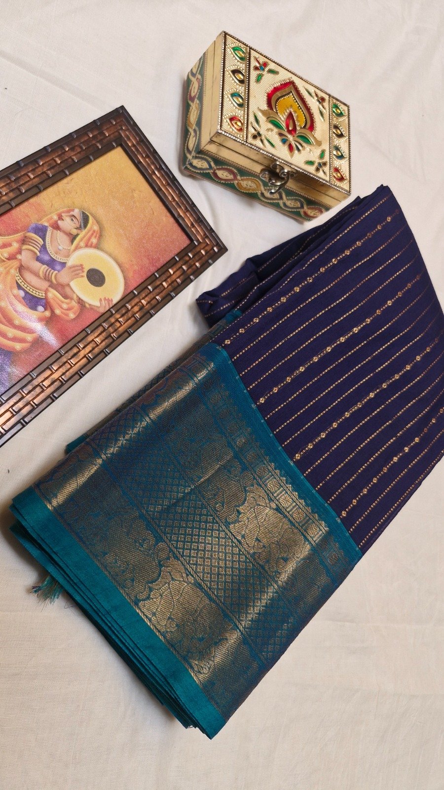 Deep Navy Blue with Peacock Teal Border Premium Kanchi Cotton Saree with Rich Pallu Deep Navy Blue with Peacock Teal Border Premium Kanchi Cotton Saree with Rich Pallu