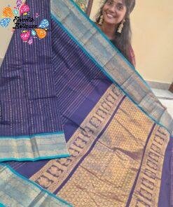 Deep Navy Blue with Peacock Teal Border Premium Kanchi Cotton Saree with Rich Pallu
