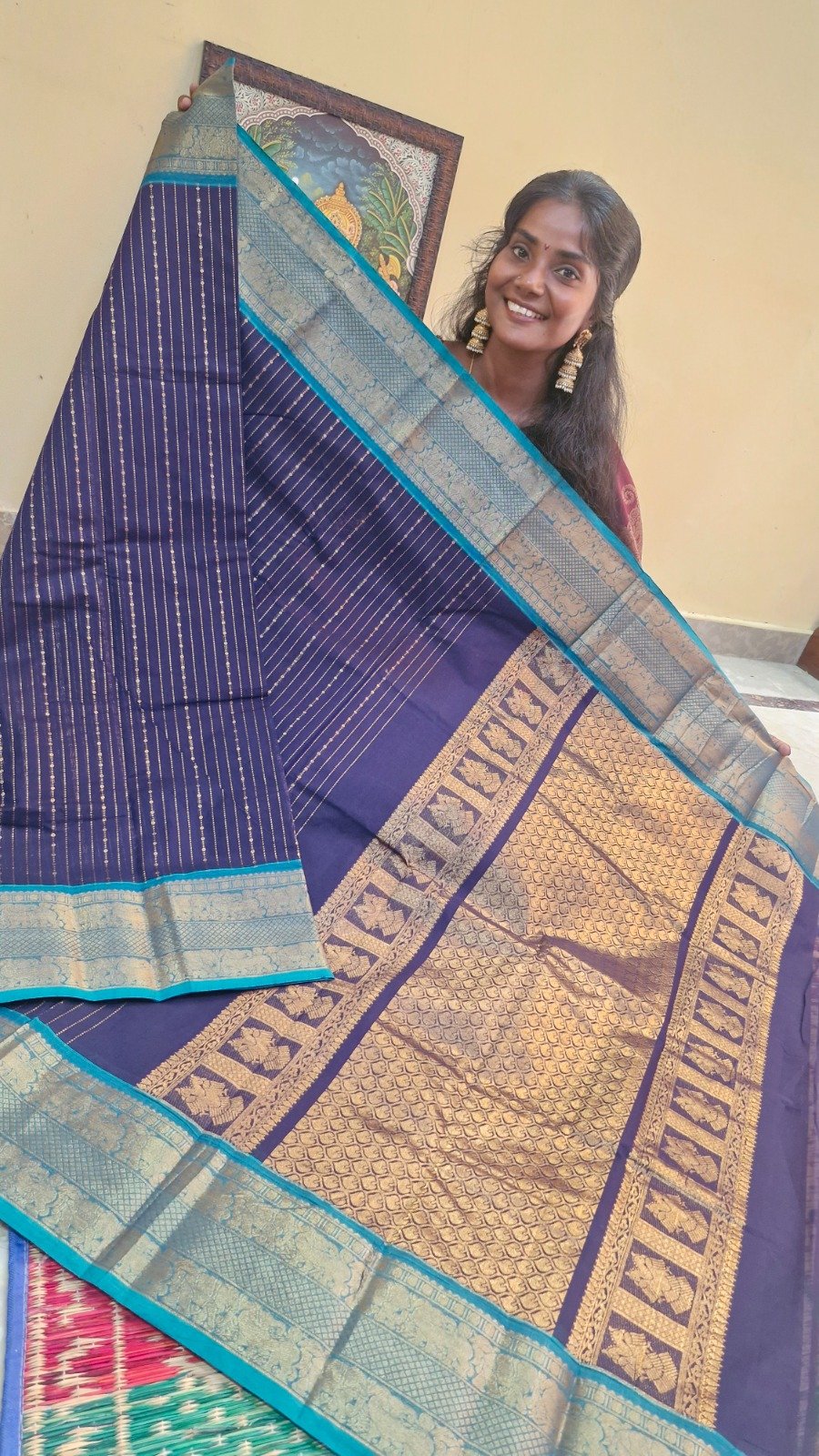 Deep Navy Blue with Peacock Teal Border Premium Kanchi Cotton Saree with Rich Pallu Deep Navy Blue with Peacock Teal Border Premium Kanchi Cotton Saree with Rich Pallu - Image 3