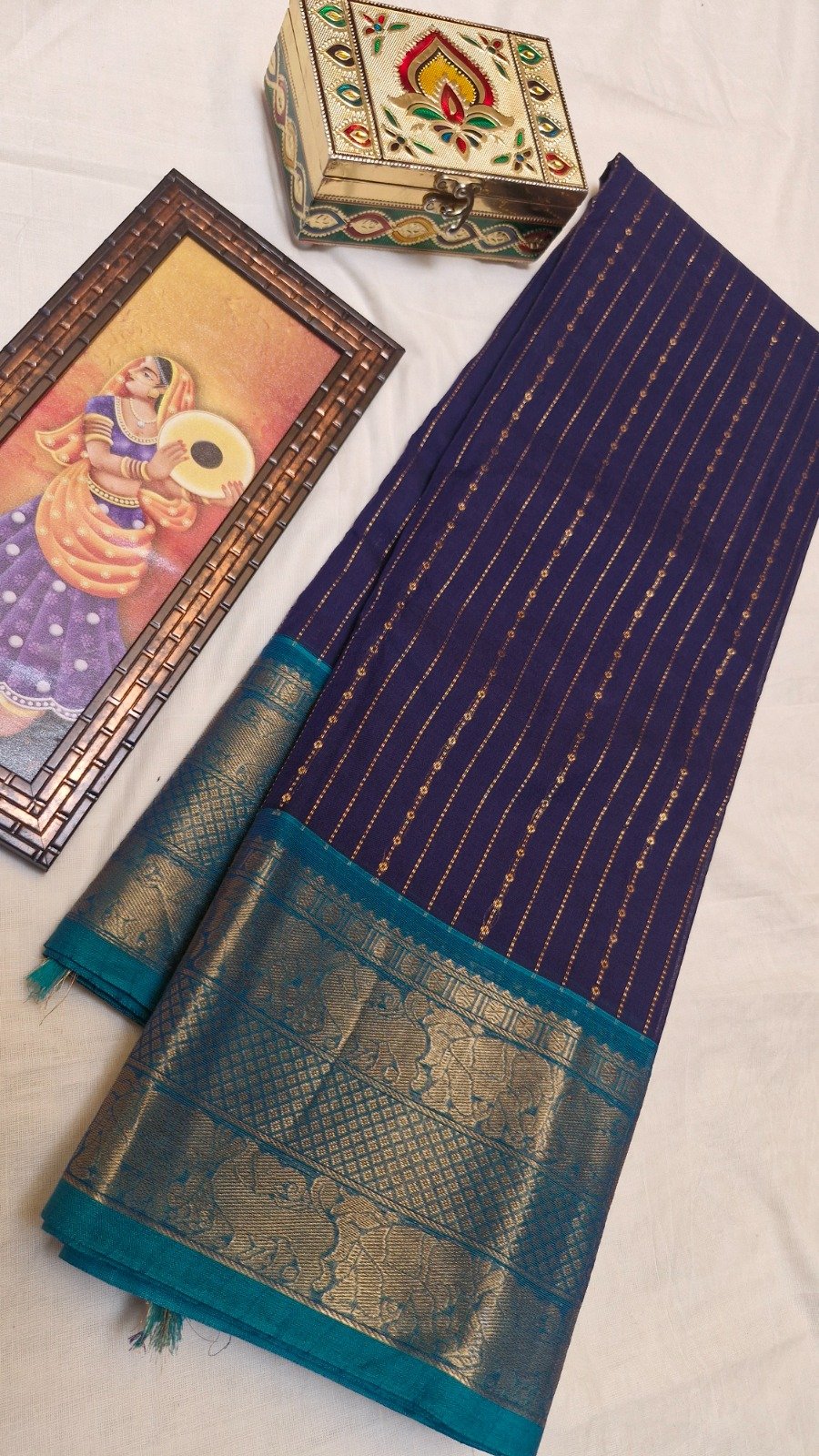 Deep Navy Blue with Peacock Teal Border Premium Kanchi Cotton Saree with Rich Pallu Deep Navy Blue with Peacock Teal Border Premium Kanchi Cotton Saree with Rich Pallu - Image 2