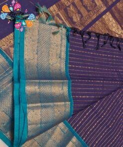 Deep Navy Blue with Peacock Teal Border Premium Kanchi Cotton Saree with Rich Pallu Deep Navy Blue with Peacock Teal Border Premium Kanchi Cotton Saree with Rich Pallu