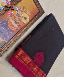 Temple Chariot Motifs Designer Jet Black And Deep Magenta Border  Premium Kanchi Cotton Saree with Rich Pallu
