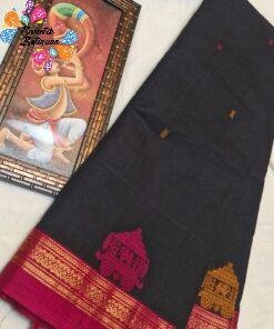 Temple Chariot Motifs Designer Jet Black And Deep Magenta Border Premium Kanchi Cotton Saree with Rich Pallu Temple Chariot Motifs Designer Jet Black And Deep Magenta Border Premium Kanchi Cotton Saree with Rich Pallu