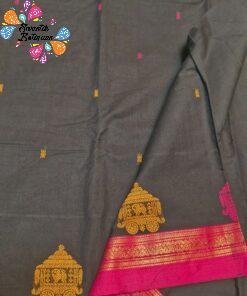 Temple Chariot Motifs Designer Jet Black And Deep Magenta Border Premium Kanchi Cotton Saree with Rich Pallu