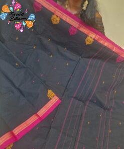 Temple Chariot Motifs Designer Jet Black And Deep Magenta Border Premium Kanchi Cotton Saree with Rich Pallu