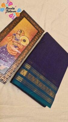 Royal Blue And  Peacock Teal With Antique Gold Floral Zari Border  Chettinad Cotton Saree