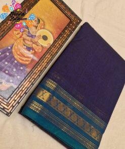 Royal Blue And Peacock Teal With Antique Gold Floral Zari Border Chettinad Cotton Saree