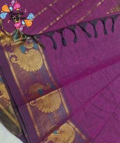 Royal Purple And Antique Gold Zari With Peacock Motifs Border Chettinad Cotton Saree Royal Purple And Antique Gold Zari With Peacock Motifs Border Chettinad Cotton Saree