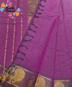 Royal Purple And Antique Gold Zari With Peacock Motifs Border Chettinad Cotton Saree Royal Purple And Antique Gold Zari With Peacock Motifs Border Chettinad Cotton Saree