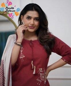 Alternative view of Warli Style Tribal Embroidery Designer Maroon And White Ready Made Shalwar Suit