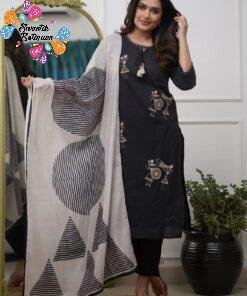 Warli Style Tribal Embroidery Designer Black And White Ready Made Shalwar Suit