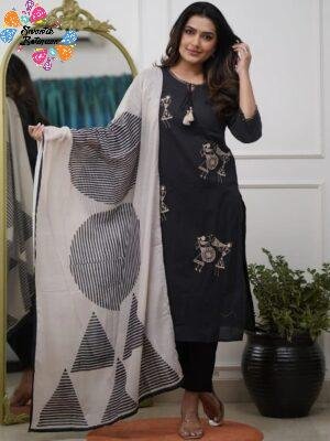 Warli Style Tribal Embroidery Designer Black And White Ready Made Shalwar Suit