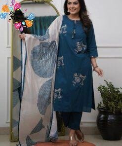 Warli Style Tribal Embroidery Designer Deep Peacock Blue And White Ready Made Shalwar Suit