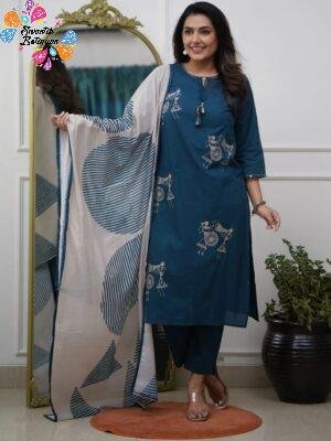 Warli Style Tribal Embroidery  Designer Deep Peacock Blue And White Ready Made Shalwar Suit