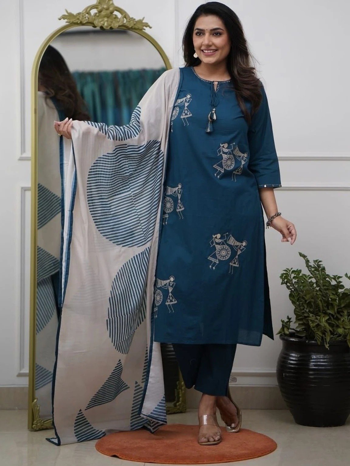 Warli Style Tribal Embroidery Designer Deep Peacock Blue And White Ready Made Shalwar Suit Warli Style Tribal Embroidery Designer Deep Peacock Blue And White Ready Made Shalwar Suit