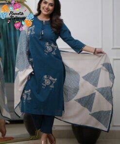 Alternative view of Warli Style Tribal Embroidery  Designer Deep Peacock Blue And White Ready Made Shalwar Suit