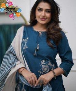 Warli Style Tribal Embroidery Designer Deep Peacock Blue And White Ready Made Shalwar Suit Warli Style Tribal Embroidery Designer Deep Peacock Blue And White Ready Made Shalwar Suit