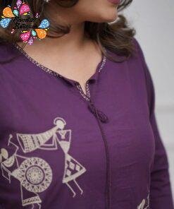 Warli Style Tribal Embroidery Designer Deep Aubergine Purple And White Ready Made Shalwar Suit