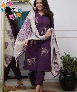 Warli Style Tribal Embroidery Designer Deep Aubergine Purple And White Ready Made Shalwar Suit