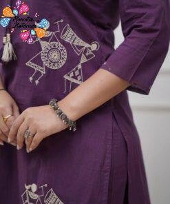 Warli Style Tribal Embroidery Designer Deep Aubergine Purple And White Ready Made Shalwar Suit