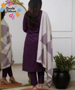 Warli Style Tribal Embroidery Designer Deep Aubergine Purple And White Ready Made Shalwar Suit