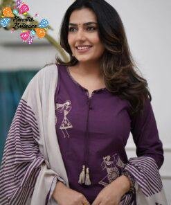 Warli Style Tribal Embroidery Designer Deep Aubergine Purple And White Ready Made Shalwar Suit