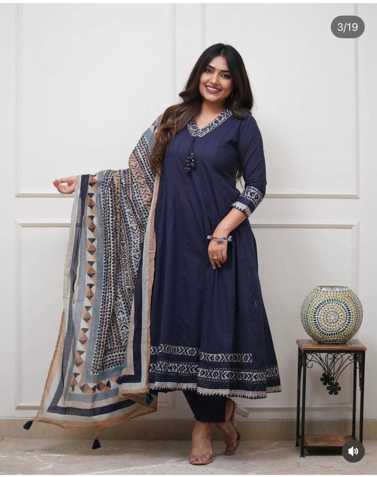Floral Designer Navy Blue And White Ready Made Shalwar Suit Floral Designer Navy Blue And White Ready Made Shalwar Suit