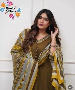 Floral Designer Olive Green And White Ready Made Shalwar Suit Floral Designer Olive Green And White Ready Made Shalwar Suit