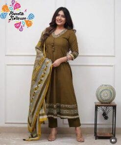 Floral Designer Olive Green And White Ready Made Shalwar Suit