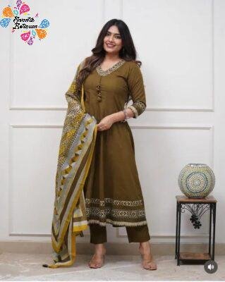 Floral Designer Olive Green And White Ready Made Shalwar Suit
