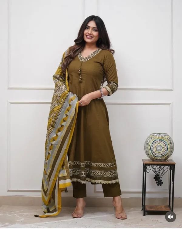 Floral Designer Olive Green And White Ready Made Shalwar Suit Floral Designer Olive Green And White Ready Made Shalwar Suit