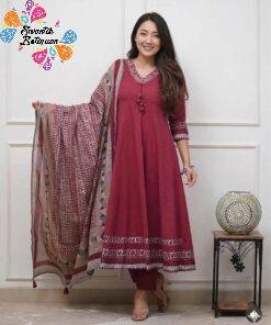 Floral Designer Deep Raspberry Wine And White Ready Made Shalwar Suit