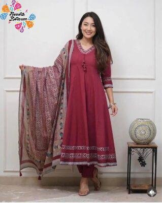 Floral Designer Deep Raspberry Wine And White Ready Made Shalwar Suit