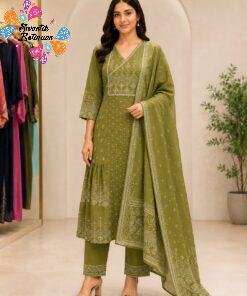 Floral Designer Light Olive Green Ready Made Shalwar Suit