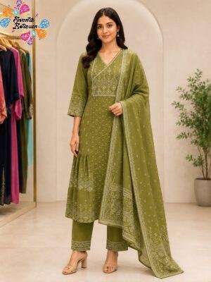 Floral Designer Light Olive Green  Ready Made Shalwar Suit