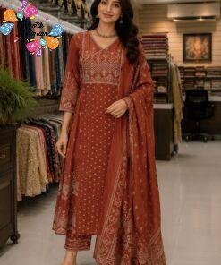Floral Designer Rust Brown Green Ready Made Shalwar Suit