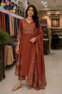 Floral Designer Rust Brown  Green Ready Made Shalwar Suit