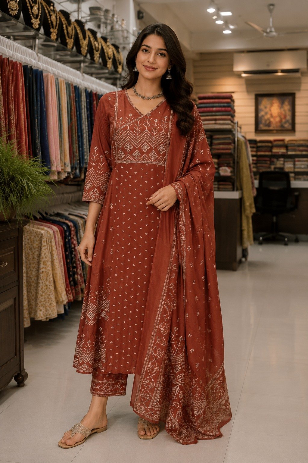 Floral Designer Rust Brown Green Ready Made Shalwar Suit Floral Designer Rust Brown Green Ready Made Shalwar Suit
