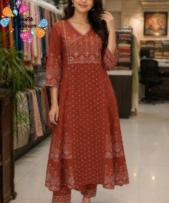 Welcome Swastik Boutiques, Sri Lanka Alternative view of Floral Designer Rust Brown Green Ready Made Shalwar Suit