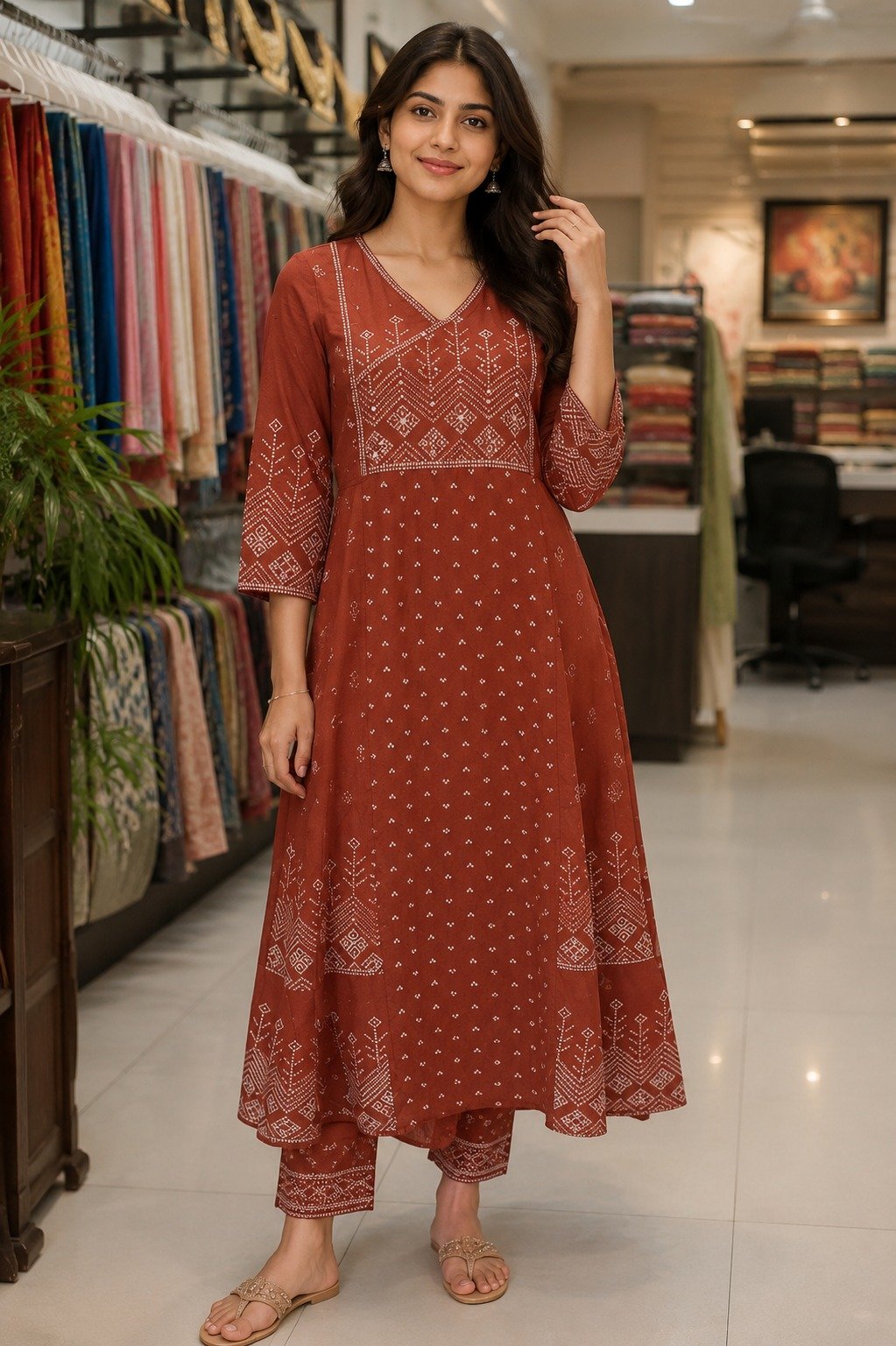 Floral Designer Rust Brown Green Ready Made Shalwar Suit Floral Designer Rust Brown Green Ready Made Shalwar Suit - Image 2