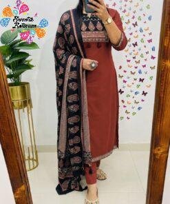 Floral Designer Rust Brown And Black Ready Made Shalwar Suit