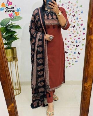 Floral Designer Rust Brown And Black Ready Made Shalwar Suit