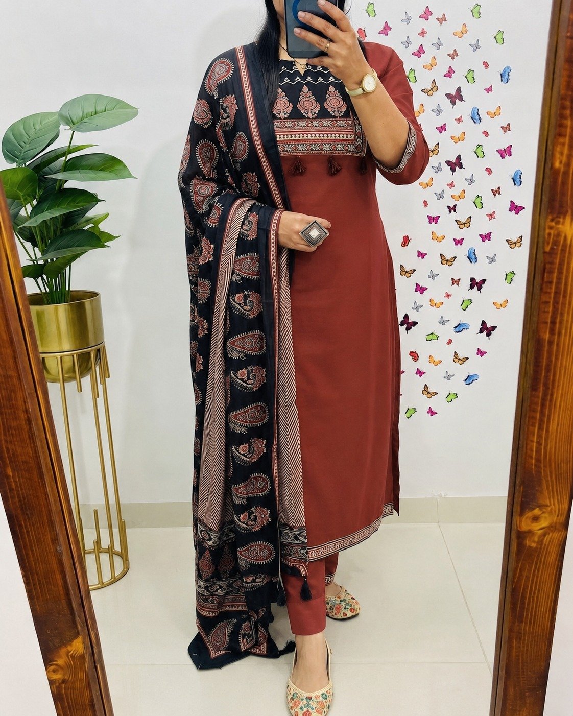 Floral Designer Rust Brown And Black Ready Made Shalwar Suit Floral Designer Rust Brown And Black Ready Made Shalwar Suit