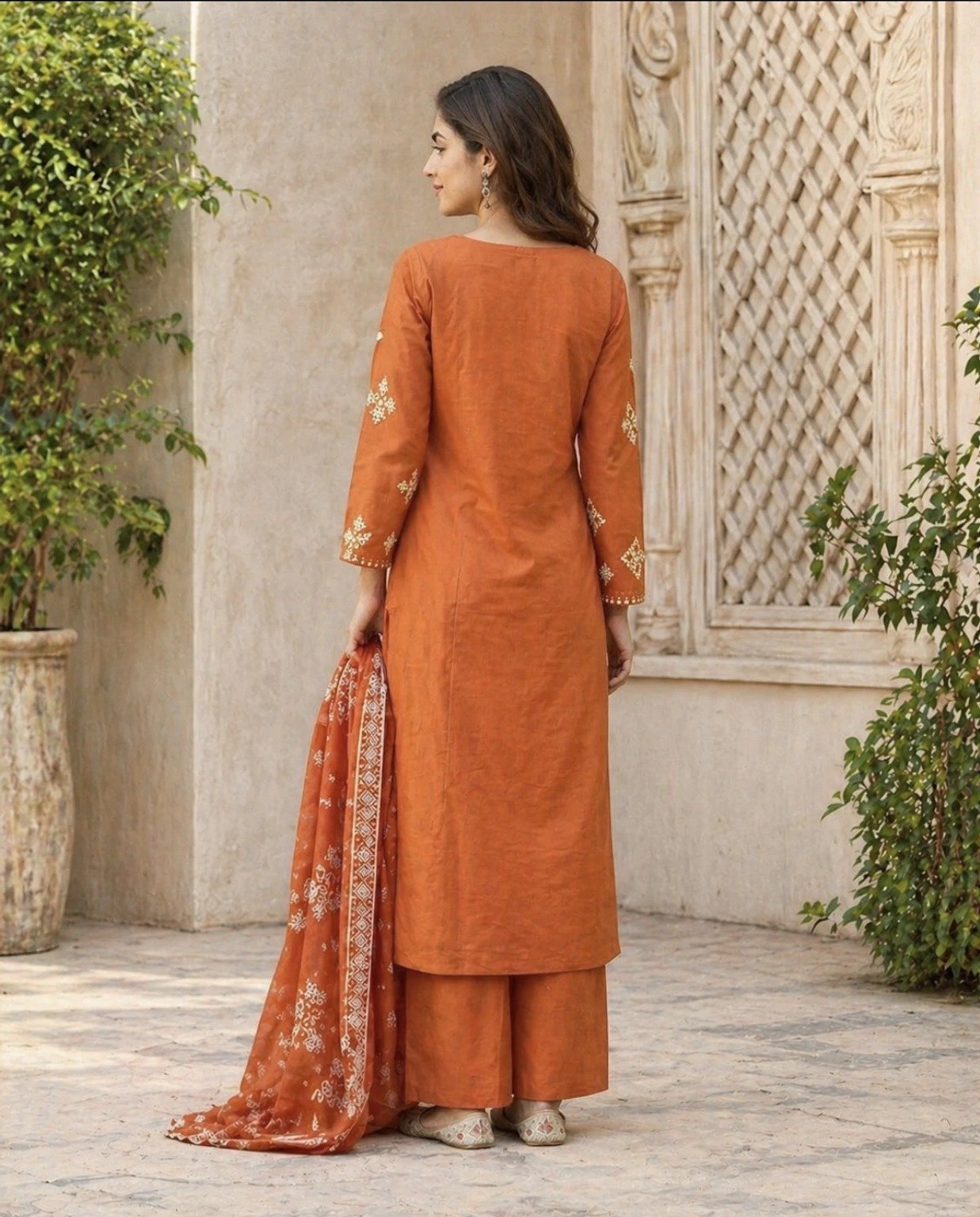 Flower Designer Rust Orange Ready Made Shalwar Suit Flower Designer Rust Orange Ready Made Shalwar Suit - Image 3