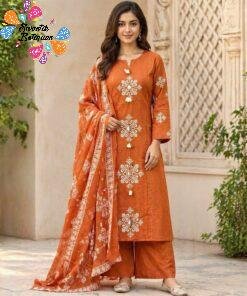 Flower Designer Rust Orange Ready Made Shalwar Suit