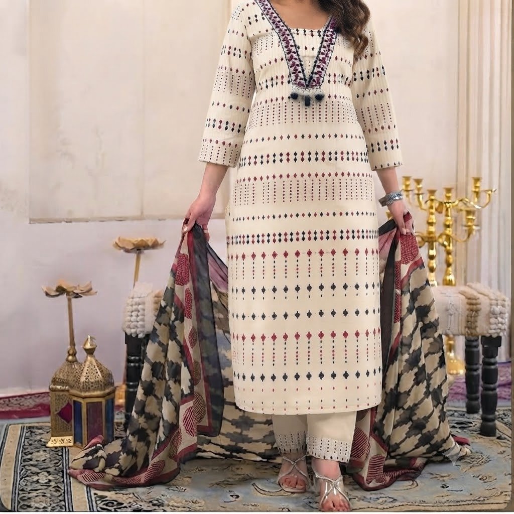 Floral Designer White And Black With Red Mixed Ready Made Shalwar Suit Floral Designer White And Black With Red Mixed Ready Made Shalwar Suit - Image 2