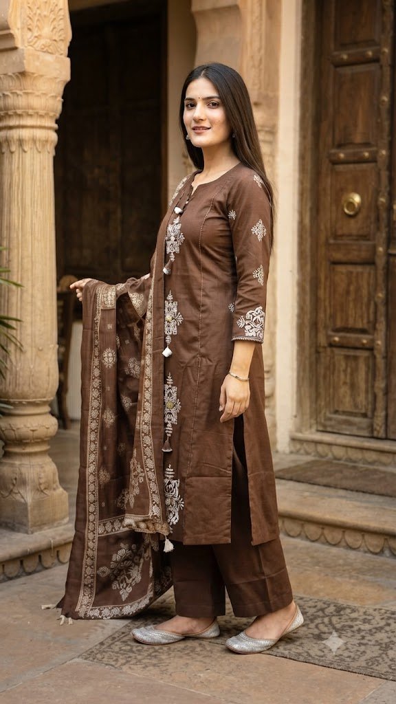 Flower Designer Rust Brown Ready Made Shalwar Suit Flower Designer Rust Brown Ready Made Shalwar Suit - Image 2