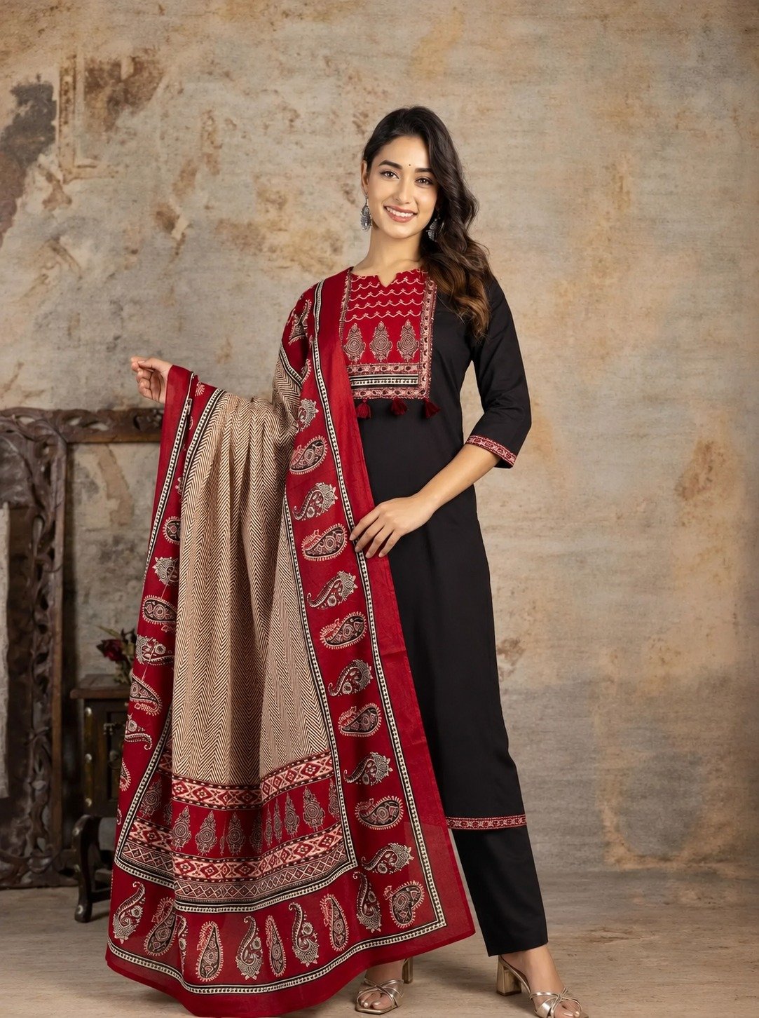 Floral Designer Black And Maroon Ready Made Shalwar Suit Floral Designer Black And Maroon Ready Made Shalwar Suit
