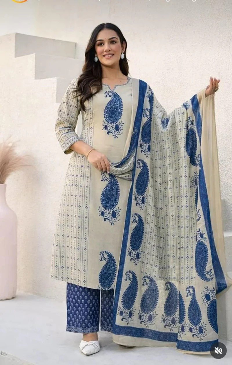 Floral Designer Beige And Blue Ready Made Shalwar Suit Floral Designer Beige And Blue Ready Made Shalwar Suit - Image 5