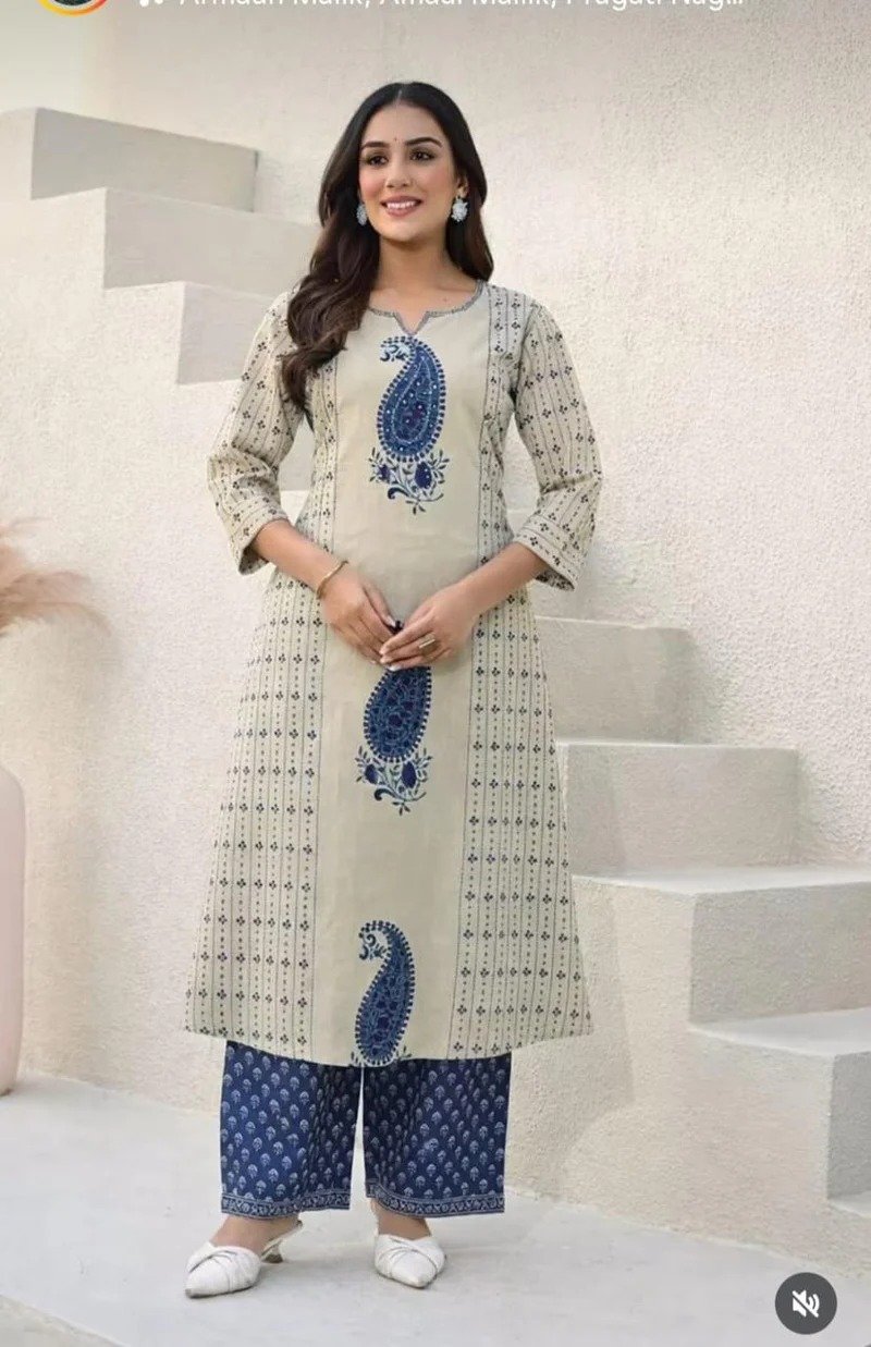 Floral Designer Beige And Blue Ready Made Shalwar Suit Floral Designer Beige And Blue Ready Made Shalwar Suit - Image 2